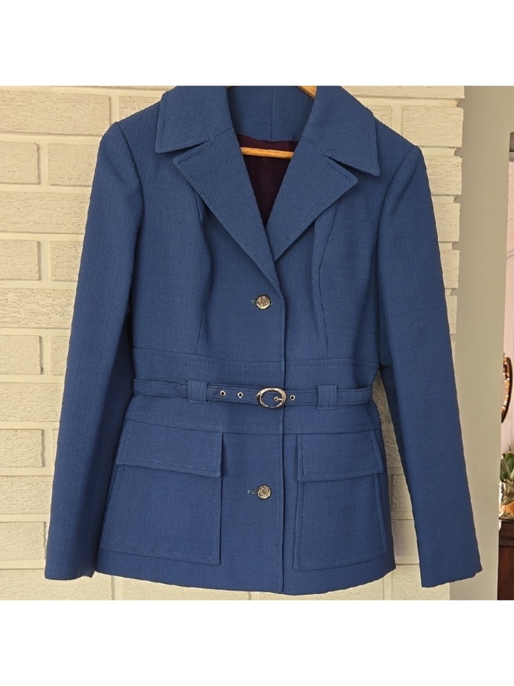 Vintage Womens Tailored Blue Belted Wool-Blend Jacket
